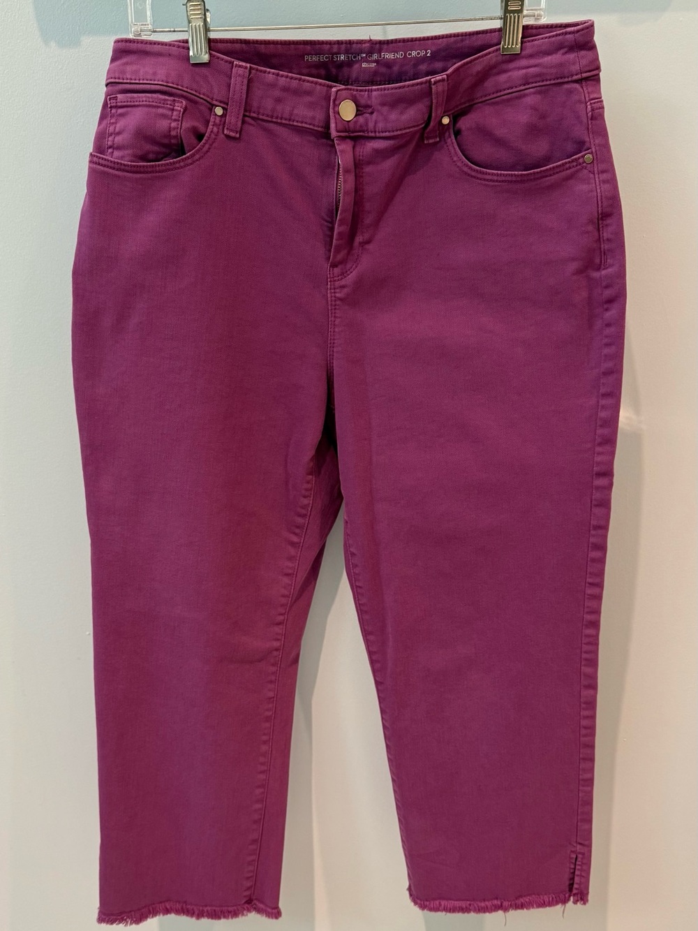 Chico's Violet shadow Girlfriend Frayed Cropped Ankle Jeans